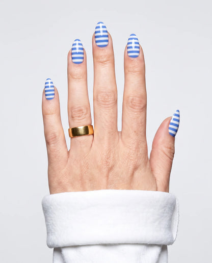 ShimmeryGlo UV free gel nail wraps in Amalfi Stripe, worn on hand