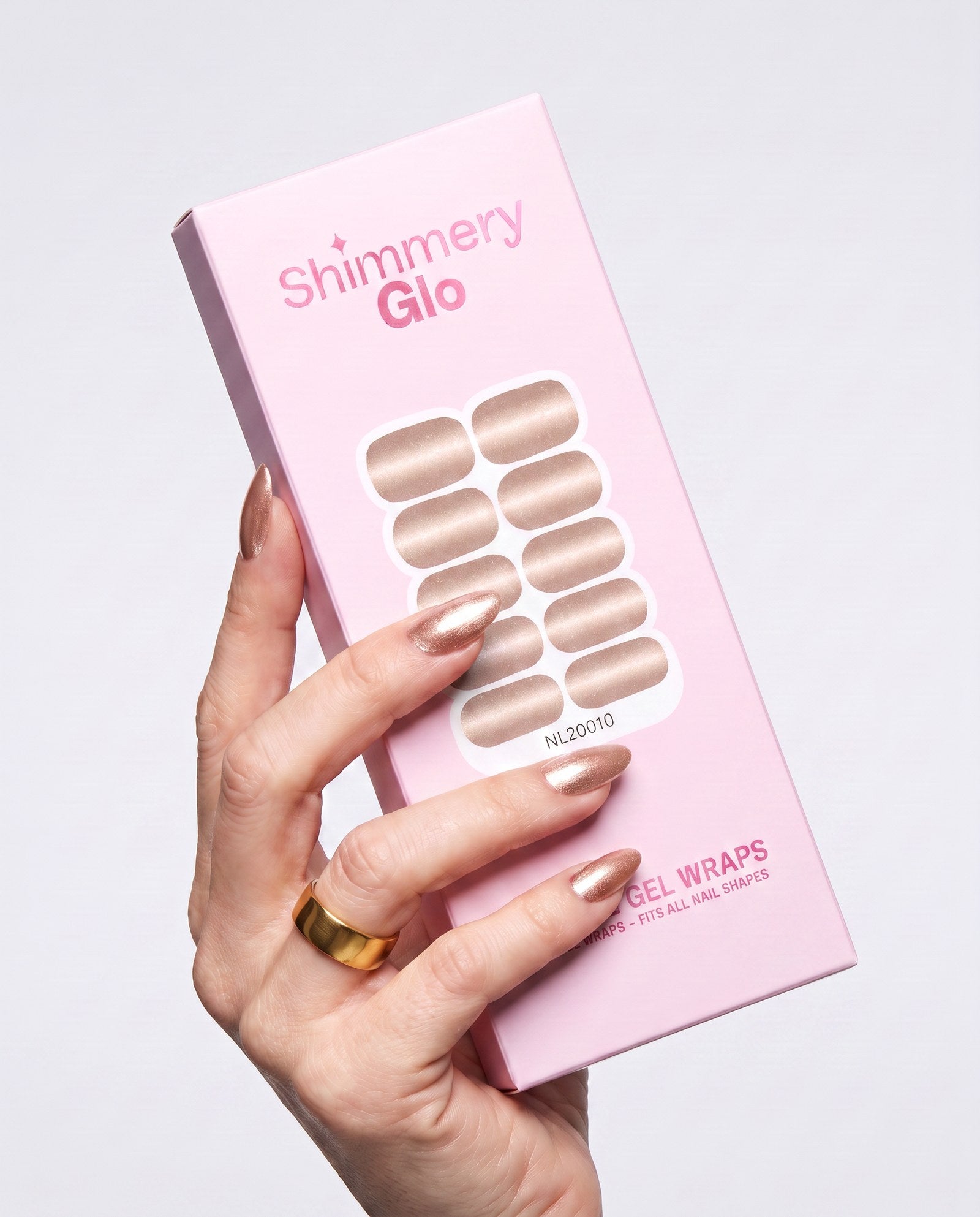 ShimmeryGlo UV free gel nail wraps in Gilded Rose, pack shot