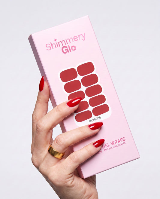 ShimmeryGlo UV free gel nail wraps in Rouge Muse, pack shot