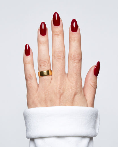 ShimmeryGlo UV free gel nail wraps in Velvet Bordeaux, worn on hand